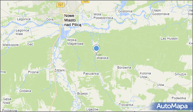 mapa Waliska, Waliska gmina Nowe Miasto nad Pilicą na mapie Targeo